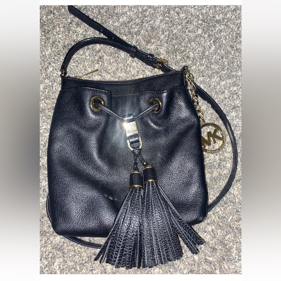 Michael Kors Handbags - Michael Kors Black and Gold Leather Crossbody Bag with Tassels MINT FREE GIFT